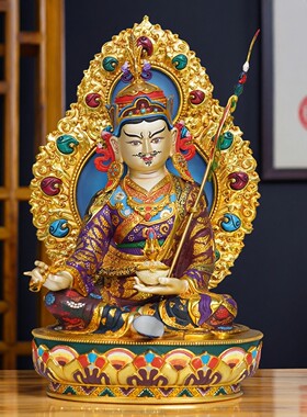 尼泊尔工艺纯铜彩绘莲花生大士佛像带背光莲师坐像手工錾刻摆件