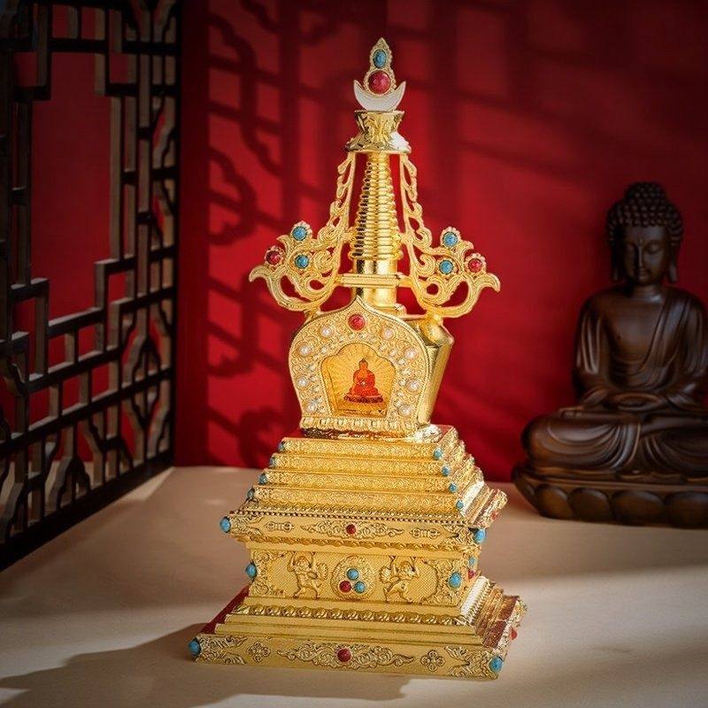 舍利塔菩提塔噶当塔佛塔摆件家用供奉供具合金雕花镶嵌彩珠宝塔