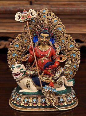 黄铜手工彩绘财宝天王佛像带背光居家供奉桌面摆件7寸10寸15寸