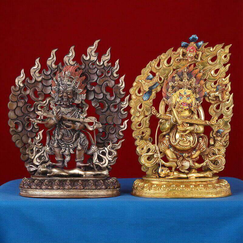 二臂玛哈嘎拉铜佛像摆件尼泊尔手工錾刻大黑天铜鎏金鎏银佛像7寸