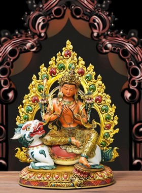 尼泊尔工艺新品彩绘热灼色骑狮文殊菩萨佛像纯铜手工錾刻供佛摆件