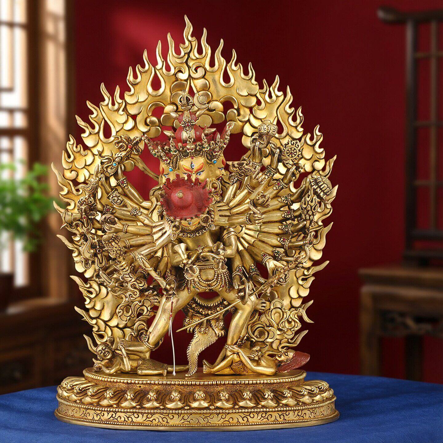 时轮金刚铜佛像尼泊尔手工塹刻铜鎏金双身造像居家铜像摆件33.3cm