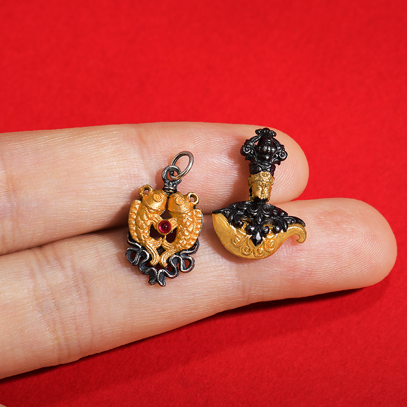 S925纯银镀金金刚钺刀双鱼吊坠挂坠文玩手串配饰项坠做旧DIY银饰