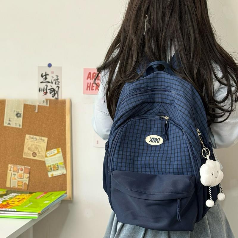 书包女高中学生韩版百搭格子学院风初中生大容量多层双肩包小背包