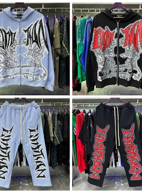 MIXED EMOTION美式高街嘻哈镶钻连帽开衫卫衣外套宽松休闲裤套装