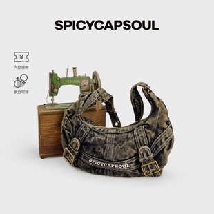 SpicyCapsoul原创小众怀旧水洗重工单肩斜挎牛仔包 古着辣妹