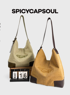 【烟熏鼠尾草】SpicyCapSoul树木纹理帆布头层牛皮单肩斜挎托特包