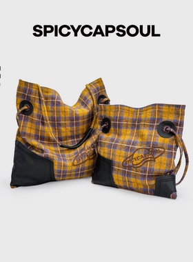 【塞外】SpicyCapSoul定制英伦风托特包格纹拼牛皮单肩斜挎包