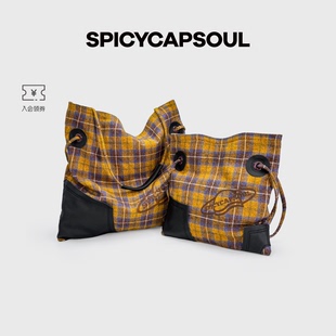 【塞外】SpicyCapSoul定制英伦风托特包格纹拼牛皮单肩斜挎包