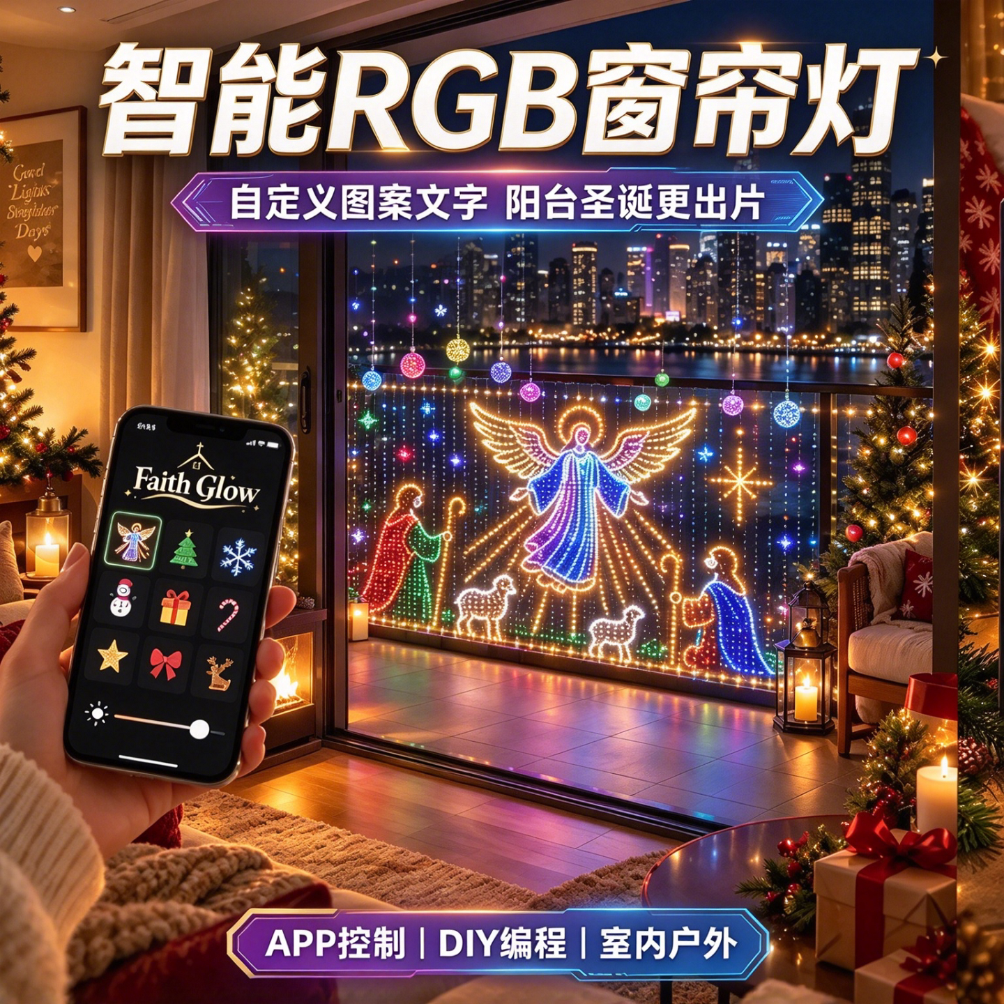 Diy彩灯智能氛围灯可打字窗帘灯编程屏幕灯阳台墙面装饰灯户外RGB