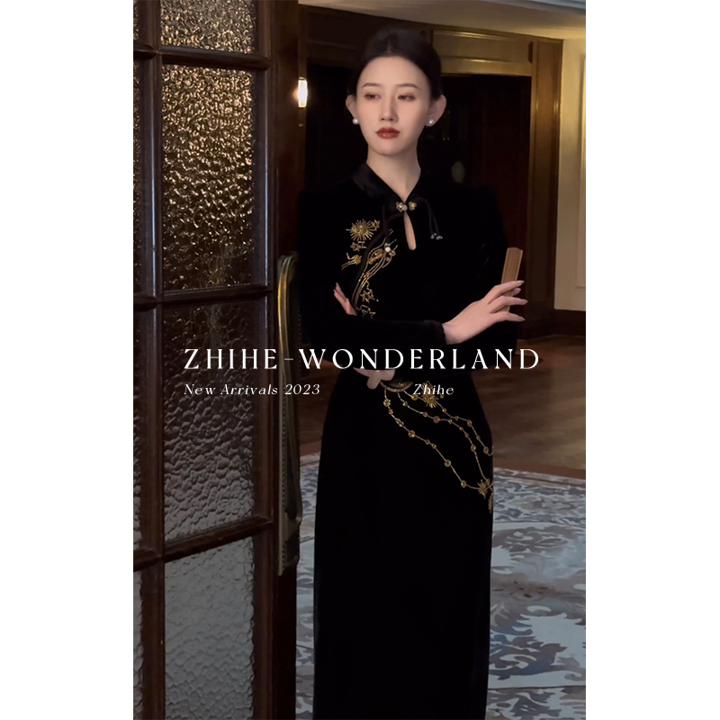 【墨月笙】珠绣改良丝绒旗袍裙