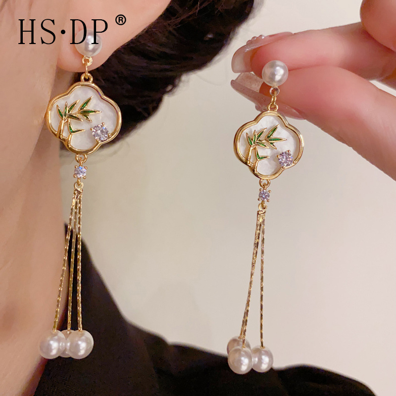 新中式竹子长款流苏珍珠耳环女小众设计高级感旗袍马面裙配饰