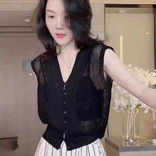 高级感黑色短款无袖冰丝针织开衫女款2026新款夏蕾丝镂空休闲上衣