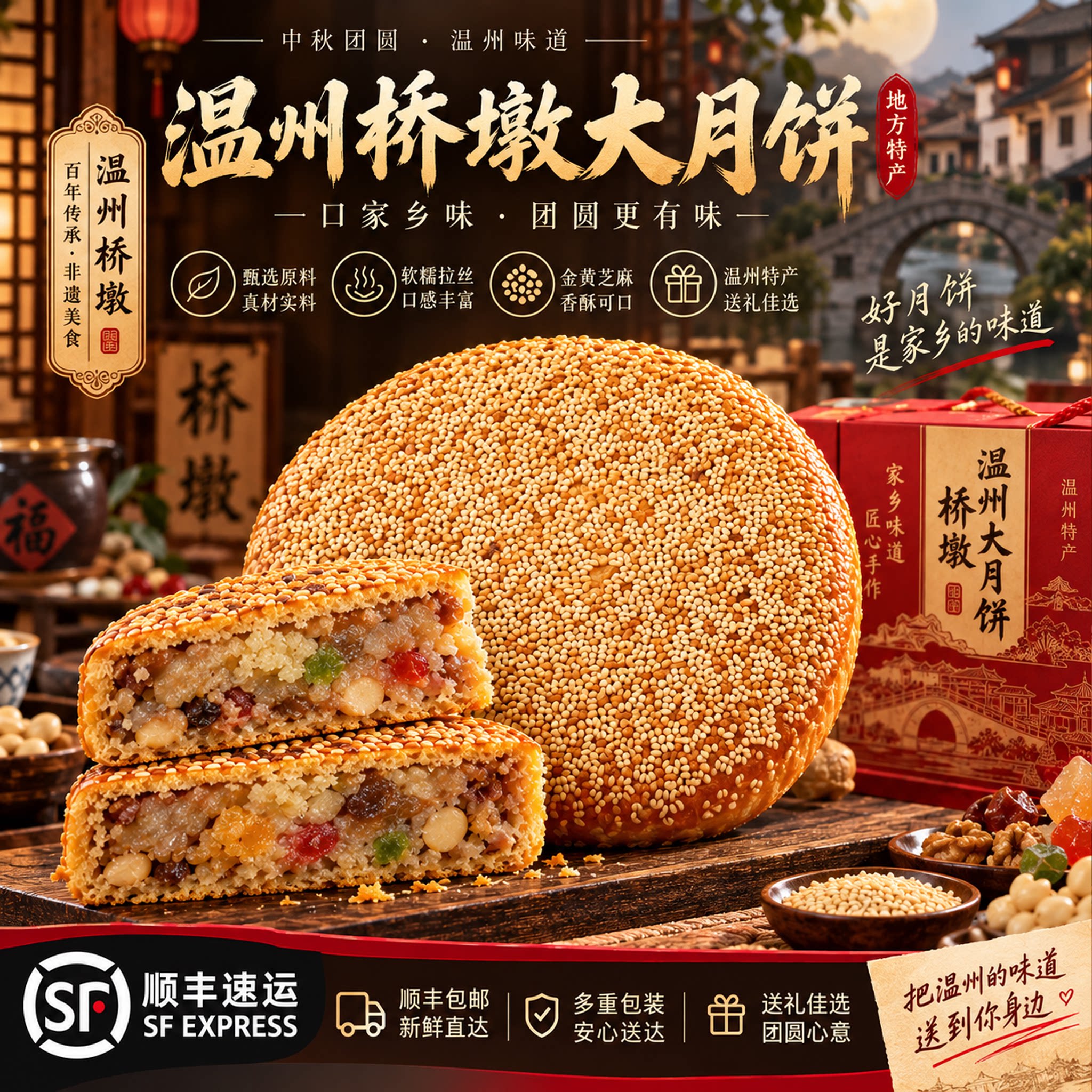 传统老式！正宗温州桥墩大月饼五仁鲜肉蛋黄肉松手工制作礼盒装