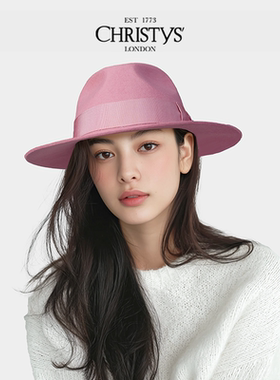 【新品】Christys'百年皇室品牌 粉色Fedora费多拉帽蝴蝶结徽章款