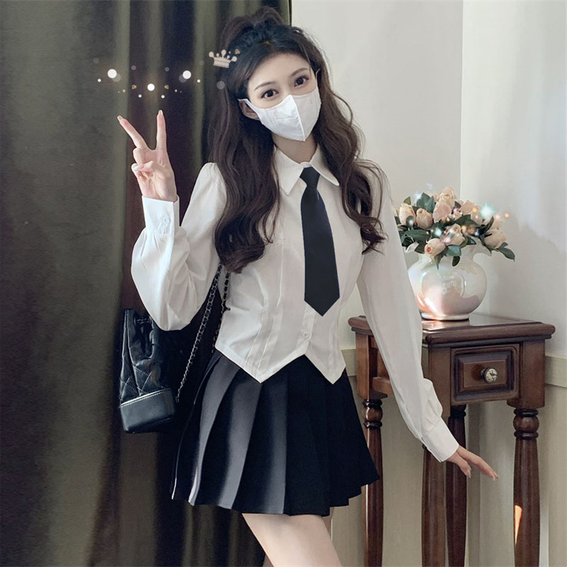 JK UNIFORM SUIT LONG SLEEVE WHITE SHIRT WOMENS SPRING AND AUTUMN SEASON SMALL MAN SHORT COLLEGE STYLE BEAUTIFUL CHIC WAIST TOP