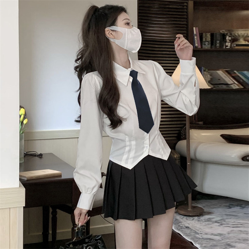 JK UNIFORM SUIT LONG SLEEVE WHITE SHIRT WOMENS SPRING AND AUTUMN SEASON SMALL MAN SHORT COLLEGE STYLE BEAUTIFUL CHIC WAIST TOP