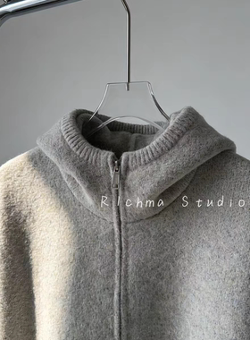 R1chma纯色百搭连帽高领针织衫外套男士秋冬加厚双向拉链开衫毛衣