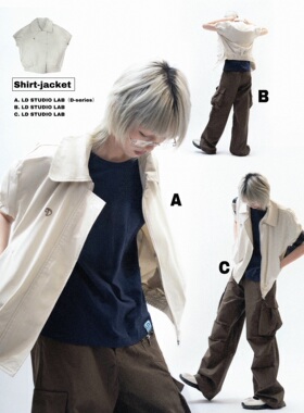 日系复古logo刺绣泡泡袖米白户外短款工作衬衣外套LDSTUDIO D系列