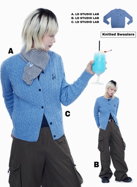 LDSTUDIOLAB原创 日系复古蓝色logo刺绣圆领针织开衫毛衣外套秋冬