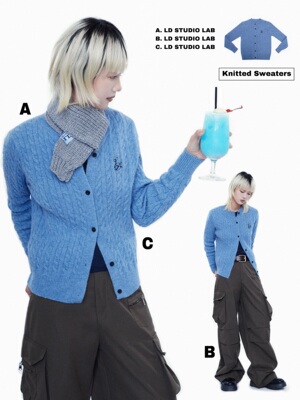 针织开衫蓝色日系复古毛衣