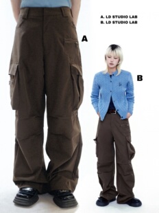 日系复古棕色工装裤多口袋宽松直筒垂感休闲裤男女 LDSTUDIOLAB