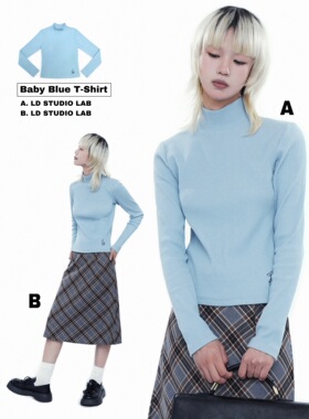 LDSTUDIOLAB原创日系复古半高领修身圆领百搭蓝色长袖正肩T恤上衣
