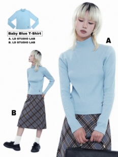 LDSTUDIOLAB原创日系复古半高领修身圆领百搭蓝色长袖正肩T恤上衣