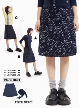 LDSTUDIOLAB原创 日系复古少女蓝色碎花半身裙女小个子直筒中裙春