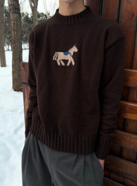 LDSTUDIOLAB原创 马年限定日系复古小马提花圆领套头针织毛衣男女
