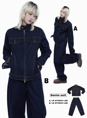 LDSTUDIOLAB原创 日系复古原色牛仔套装立领夹克外套阔腿牛仔裤
