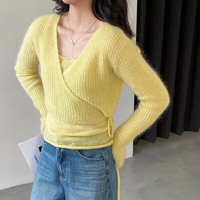 韩系春装V领系带马海毛修身毛衣