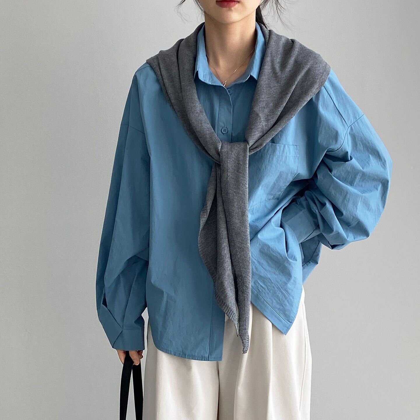 韩国25秋装100棉蓝色衬衫外套女宽松慵懒中长款灯笼袖白色衬衣潮