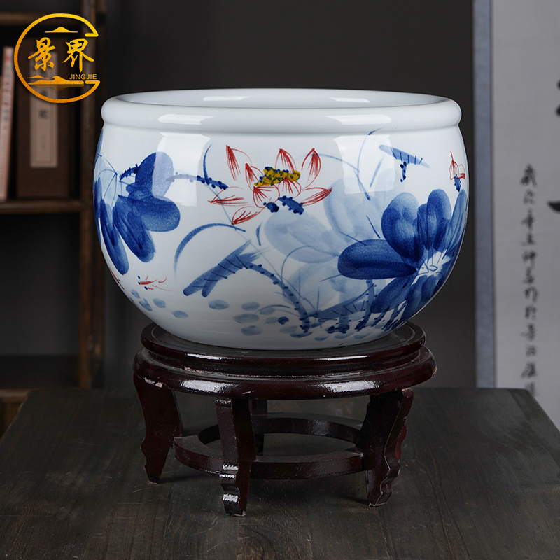 景德镇陶瓷手绘金鱼缸大号养乌龟睡莲荷花盆客厅书画缸中式风水缸