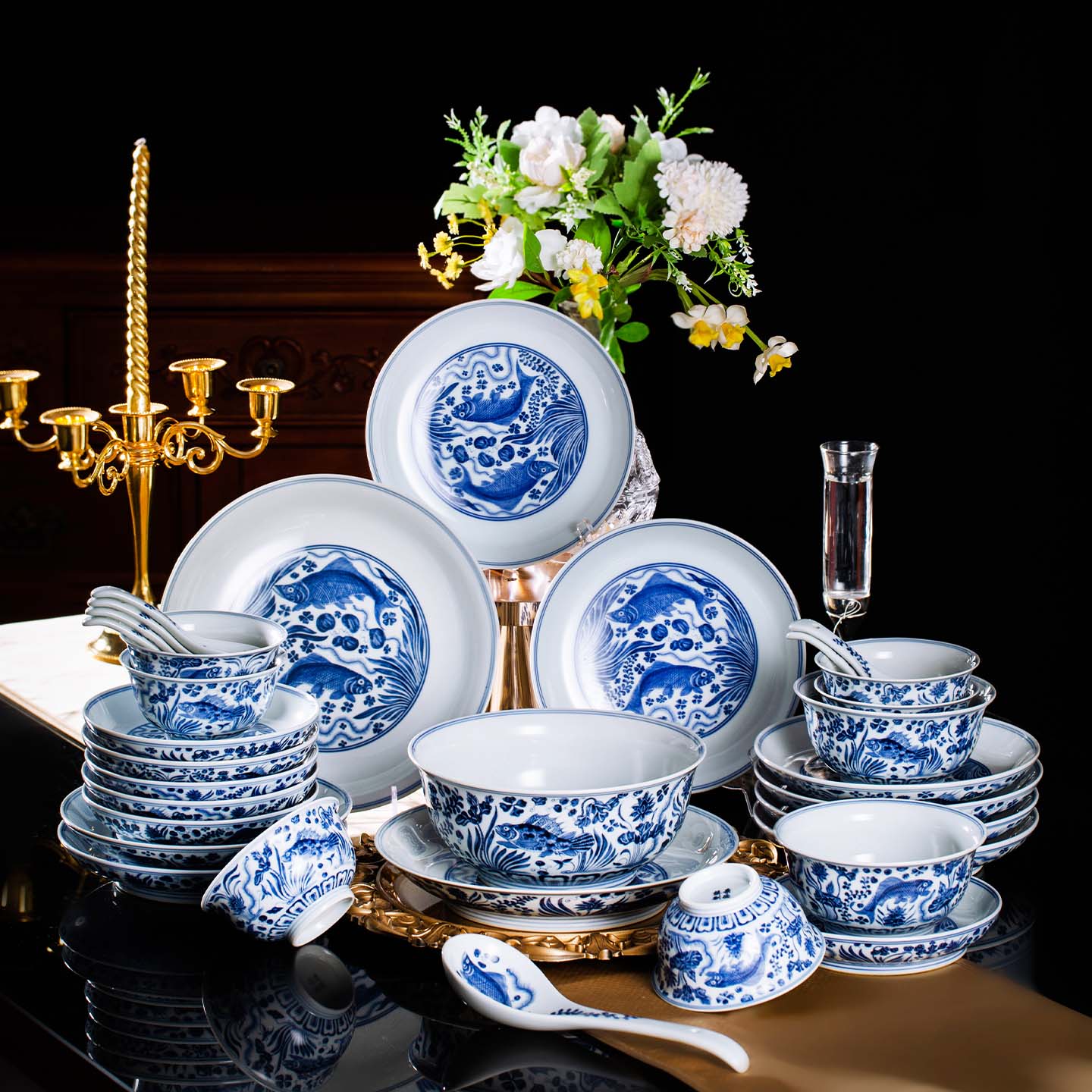 年年有余青花瓷高端景德镇陶瓷餐具套装碗盘家用新款碗碟乔迁送礼