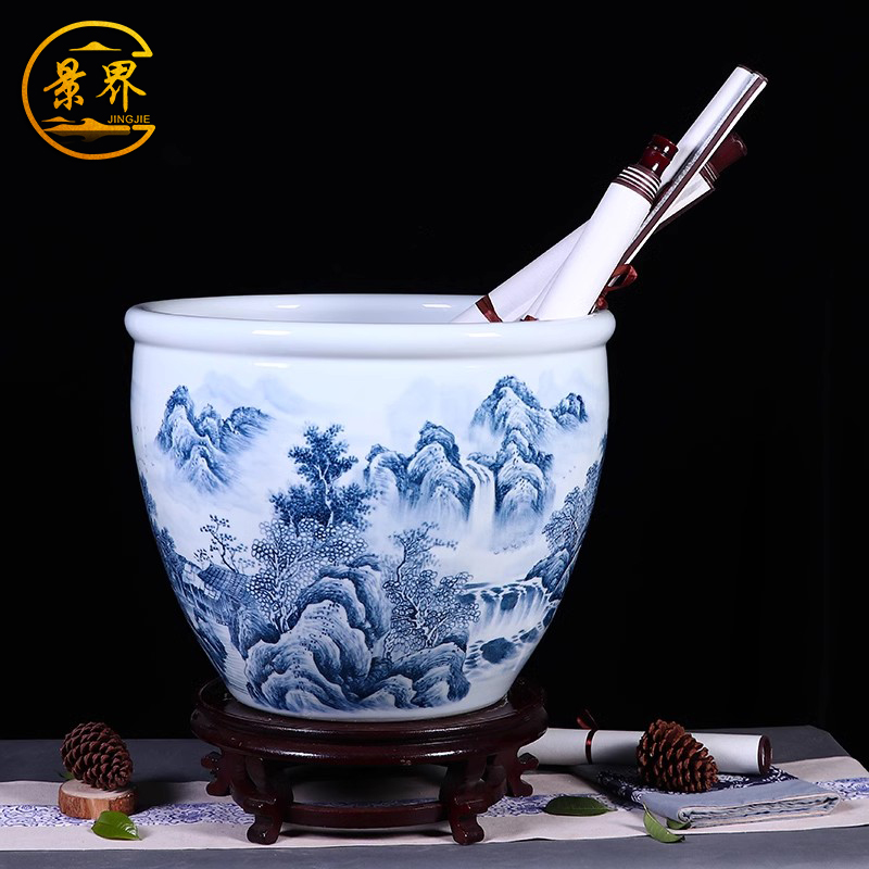 景德镇陶瓷名师手绘青花瓷鱼缸客厅养乌龟睡莲荷花盆书画缸风水缸