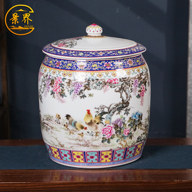 景德镇陶瓷粉彩米缸面粉油缸20斤米桶家用带盖防潮防虫密封储物罐,厨房/烹饪用具,米桶/米缸,淘宝优惠券,粉丝福利购,淘宝优惠卷