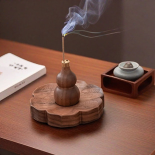 至檀「黑胡桃木福禄莲花香插」创意木质葫芦线香插简约室内摆件