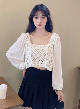 夏秋季新款韩版时尚宽松显瘦衬衣镂空搭方领上衣短款长袖雪纺衫女