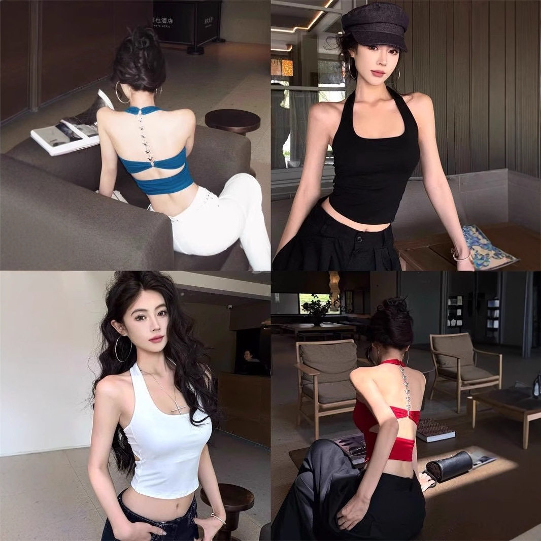 10134#新款辣妹风设计感纯色挂脖背心女夏季修身显瘦百搭短款