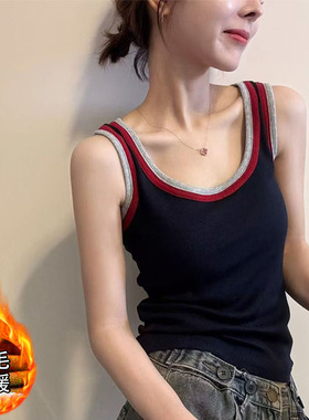 秋冬磨毛保暖内衣撞色吊带背心带胸垫一体防走光外穿打底无袖上衣