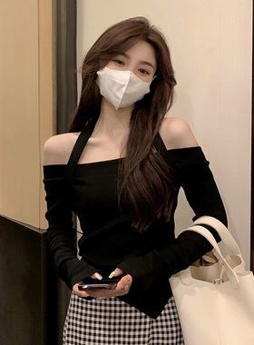 甜辣妹一字肩别致短款上衣女春秋季2025新款设计感小众内搭打底