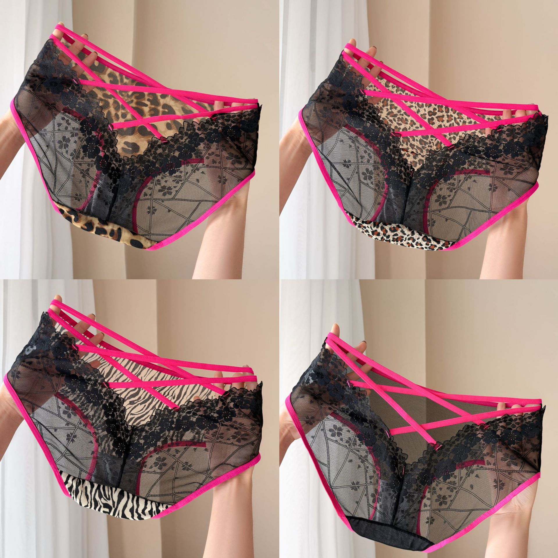 豹纹女士蕾丝内裤细腻柔软蕾丝细带交叉镂空诱惑性感高弹大码内裤