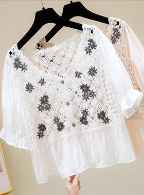 夏季2024年新款V领宽松短袖衬衣刺绣设计感小众法式衬衫ins上衣女