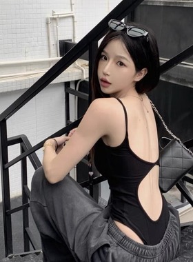 黑色露背吊带背心女春夏外穿内搭设计感辣妹修身无袖打底连体