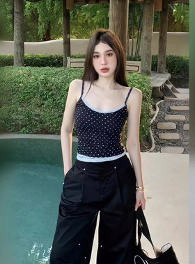 美式波点假两件蕾丝吊带新款修身纯欲芭蕾风女打底内搭背心上衣女