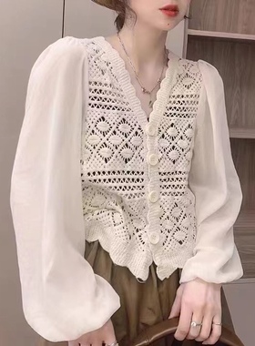 早秋新款V领精致镂空拼接气质雪纺超仙衬衫女时尚针织泡泡袖上衣