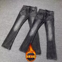 加绒加厚美式网红水洗黑灰弹力修身微喇517牛仔裤显瘦vibe裤子男