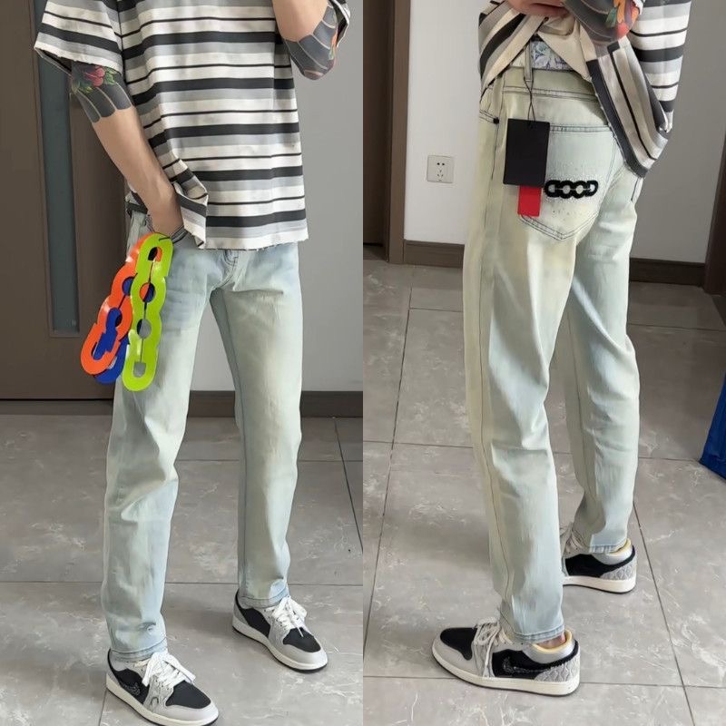 潮牌GOOD刺绣牛仔裤烫钻修身长裤