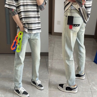 潮牌GOOD刺绣牛仔裤烫钻修身长裤